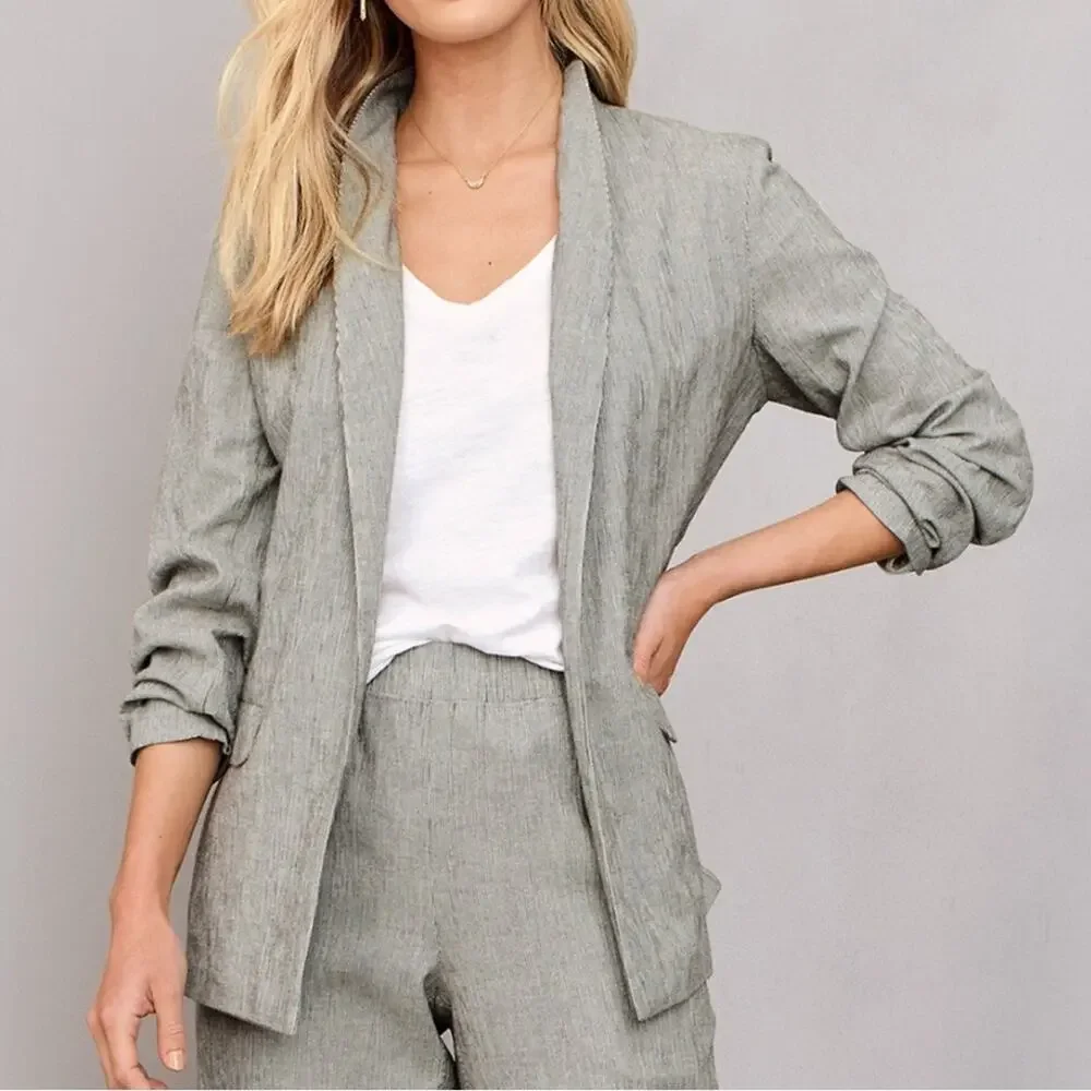 EILEEN FISHER Organic Cotton Linen Blend Open Front Jacket Black White Stripe XL